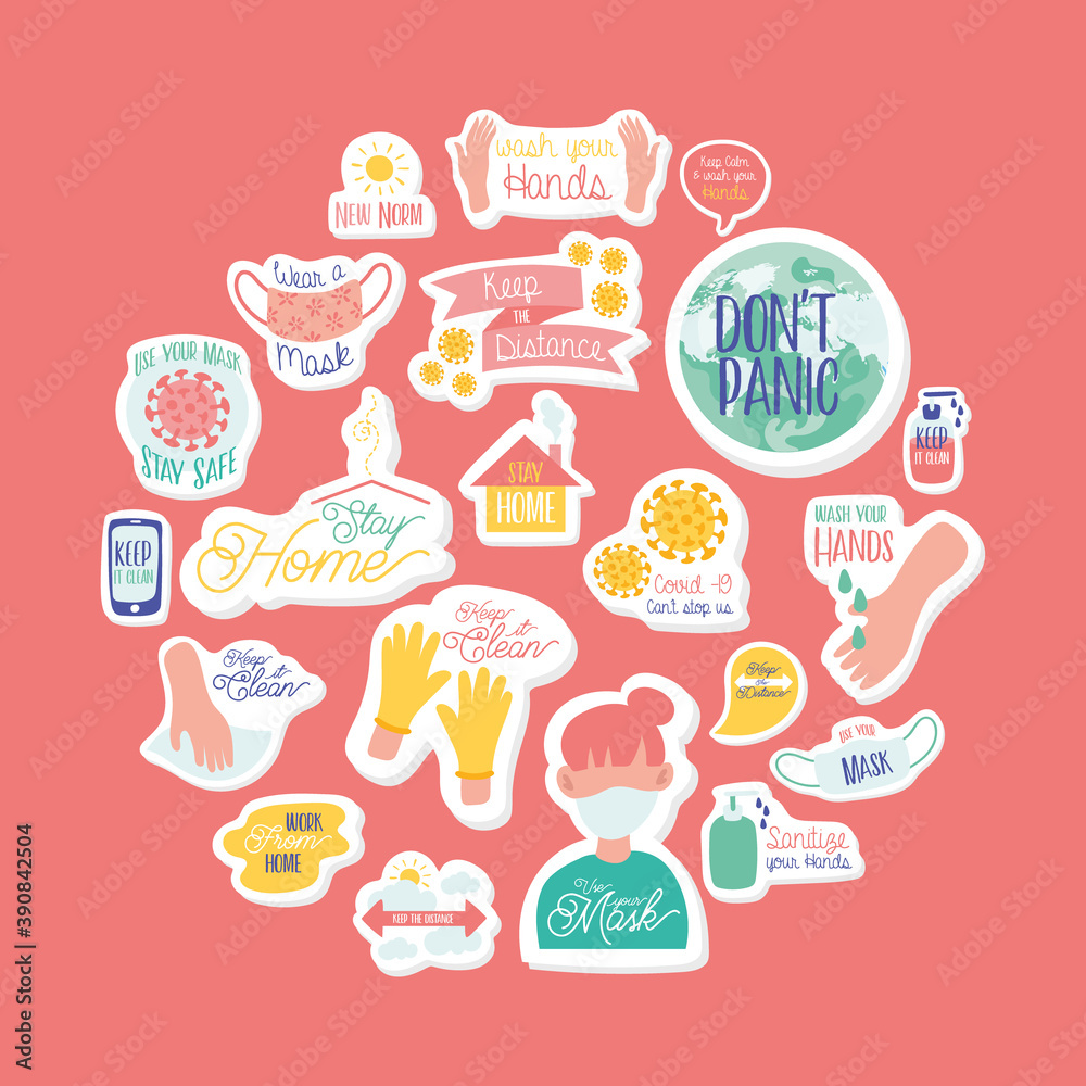 set of campaigns letterings and icons in pink background set of campaigns letterings and icons in pink background