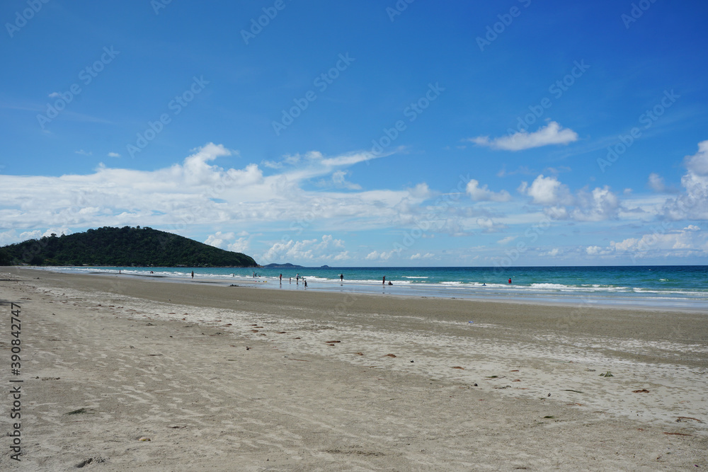 Beach with clear blue skies at Rayong Beach at Rayong Beach, Thailand.