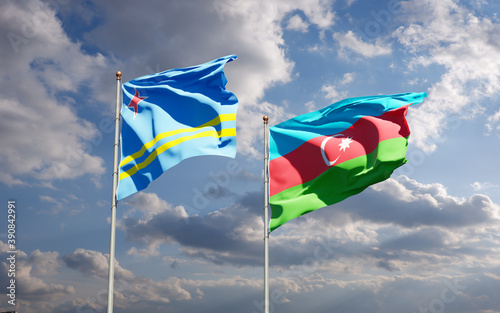 Beautiful national state flags of Azerbaijan and Aruba together at the sky background. 3D artwork concept.