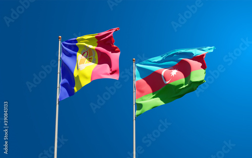 Beautiful national state flags of Azerbaijan and Andorra together at the sky background. 3D artwork concept.