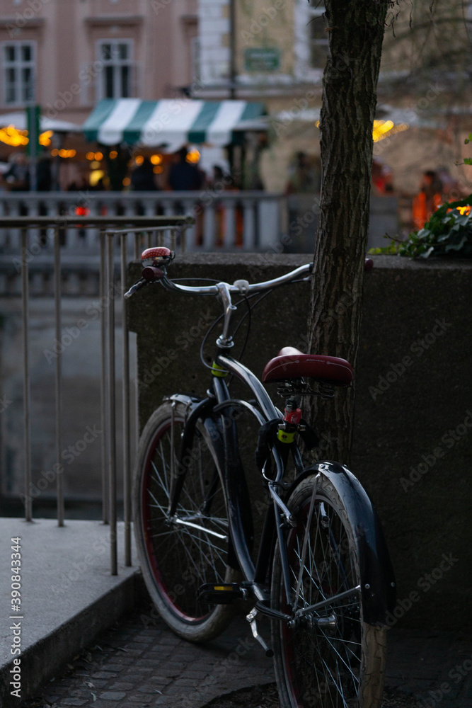Obraz premium Bike parked on the tree at night in Slovenia