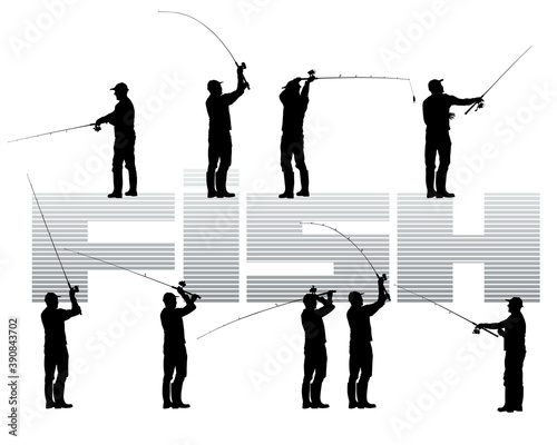 Fisherman with a fishing rod on shore. Isolated silhouette of a man on a white background