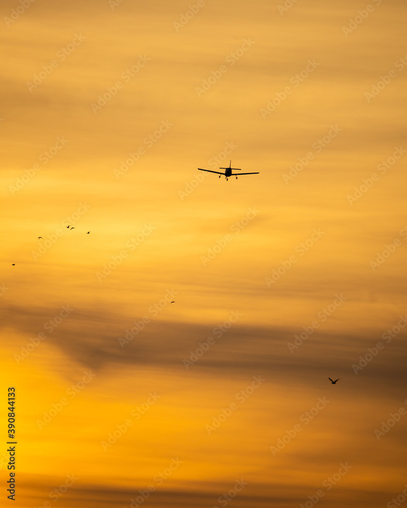 Silhouette of a plane flying during a brilliant vibrant golden sunset. JFK Airport - Long Island New York 