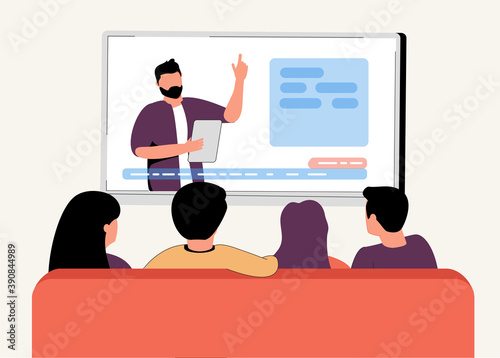Illustration of family or roommates watching the news at home in flat style vector. A girl and two men watching television at home premium vector illustration. Rear View, Family Sitting On Sofa Lounge