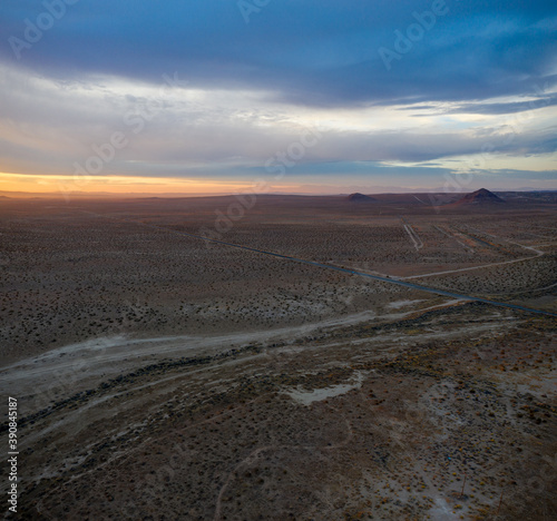 Aerial view of the sunsetting over the mojave desert 