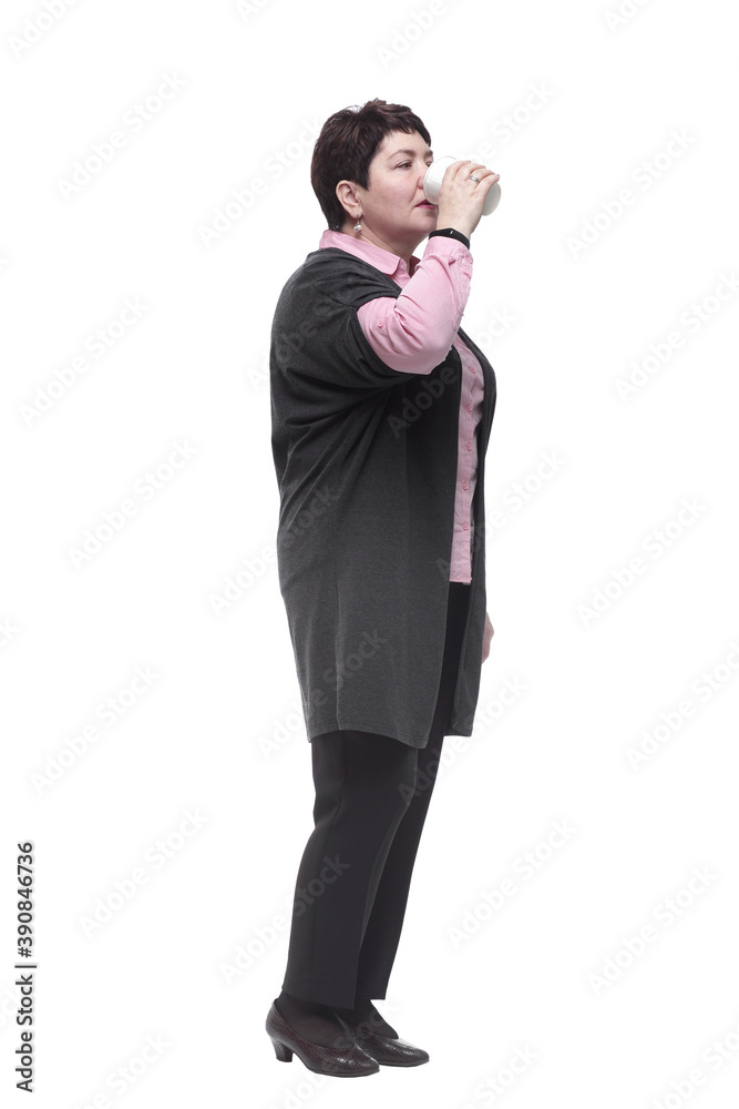 side view. casual modern woman with takeaway coffee. side view. casual modern woman with takeaway coffee.