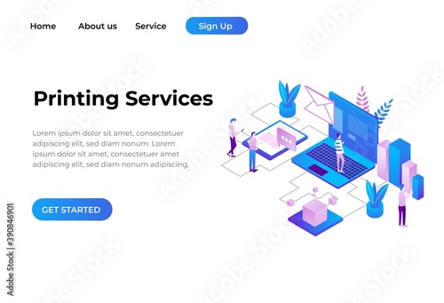 Landing page template of Printing Service Illustration Concept. Isometric design concept of web page design for website and mobile website.Vector illustration