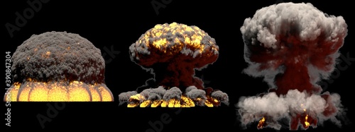 Bilde på lerret 3D illustration of explosion - 3 big different phases fire mushroom cloud explos