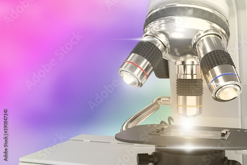 vaccine analyzing concept, object 3D illustration - laboratory electronic scientific microscope with flare on soft focus background