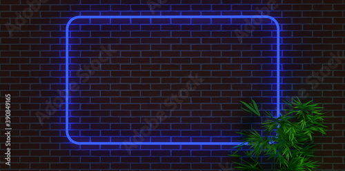 Blue neon frame on concrete wall. Can be used for promotional images.