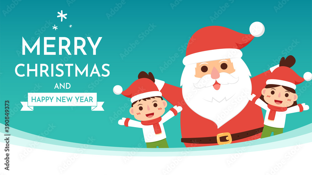 Merry Christmas and happy new year greeting poster. Holiday cartoon character. Santa Claus and Kid character design. Merry Christmas and happy new year greeting poster. Holiday cartoon character. Santa Claus and Kid character design.