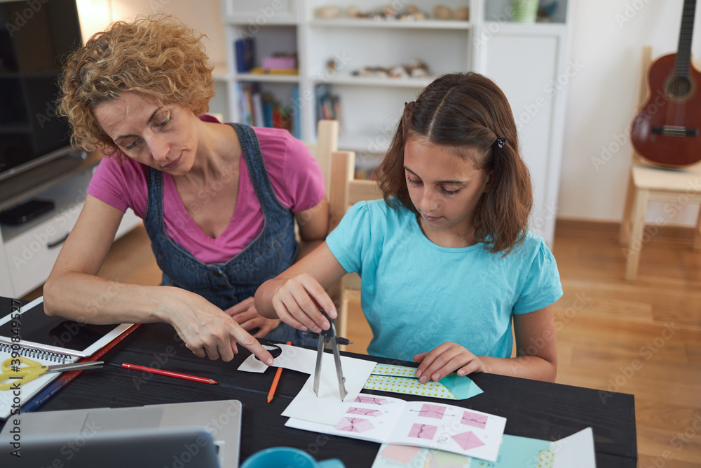 Child home studying education, homeschooling, with private tutor / mother in the time of viruses, flu and seasonal pandemic. Child home studying education, homeschooling, with private tutor / mother in the time of viruses, flu and seasonal pandemic.