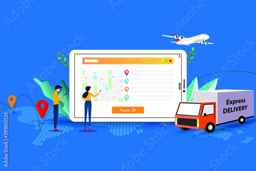 Concept of express delivery, business man and woman are discussing to track the shipment that shown on the screen of tablet to deliver the goods to customers on time in blue color background.