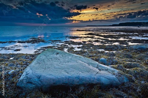 The shallow coast with cobbles covered with grass in the foreground of the White Sea against cloudy sky during sunset in Russia.