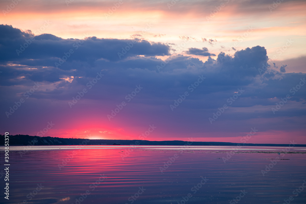 Bright red sunset over the Kiev Sea, Ukraine