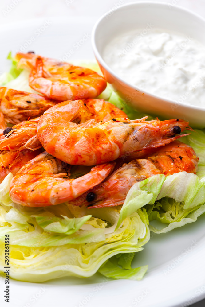 still lfe of grilled shrimps with garlic dip still lfe of grilled shrimps with garlic dip