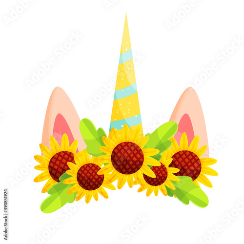 Unicorn headband with sunflowers wreath cartoon illustration. Fairytale horse ears and striped horn and yellow flowers stylized crown. Trendy video chat effect with mythology animal headwear