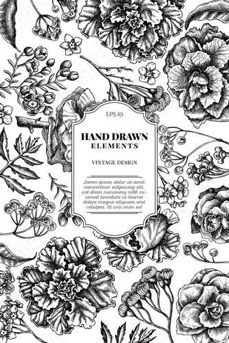 Card design with black and white wax flower, forget me not flower, tansy, ardisia, brassica, decorative cabbage