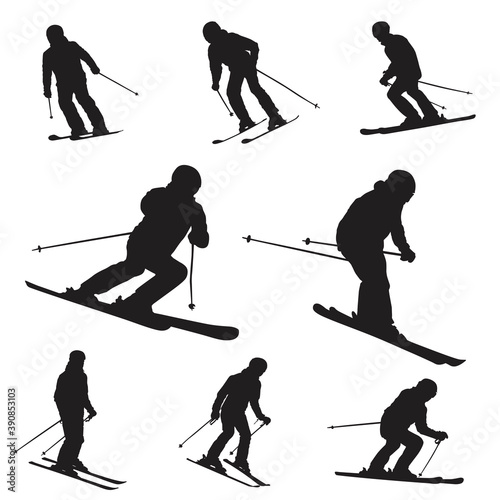 Skiing vector. Set of skier silhouette in action. Winter mountain fun