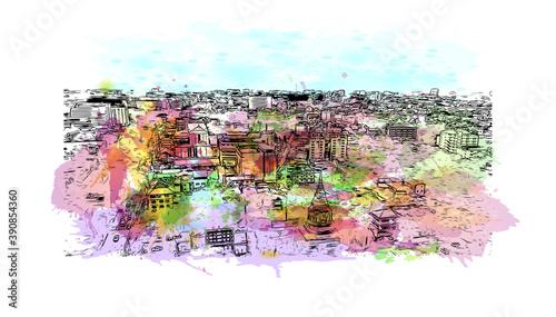 Building view with landmark of Chiang Mai is a city in mountainous northern Thailand. Watercolor splash with hand drawn sketch illustration in vector.