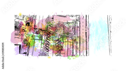 Building view with landmark of Chiang Mai is a city in mountainous northern Thailand. Watercolor splash with hand drawn sketch illustration in vector.