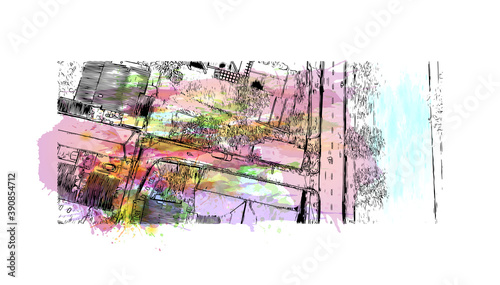 Building view with landmark of Chiang Mai is a city in mountainous northern Thailand. Watercolor splash with hand drawn sketch illustration in vector.