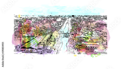 Building view with landmark of Chiang Mai is a city in mountainous northern Thailand. Watercolor splash with hand drawn sketch illustration in vector.