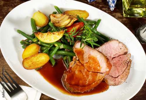 Braised Lamb Leg Meat with Potatoes and green Beans photo