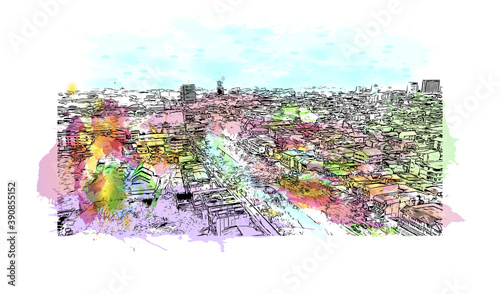 Building view with landmark of Chiang Mai is a city in mountainous northern Thailand. Watercolor splash with hand drawn sketch illustration in vector.
