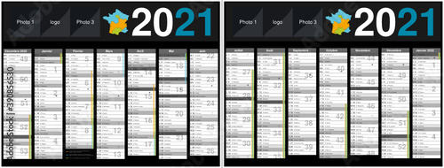 Calendrier 2021 14 mois avec vacances scolaires officielles au format 320 x 420 mm recto verso entièrement modifiable via calques et texte arial