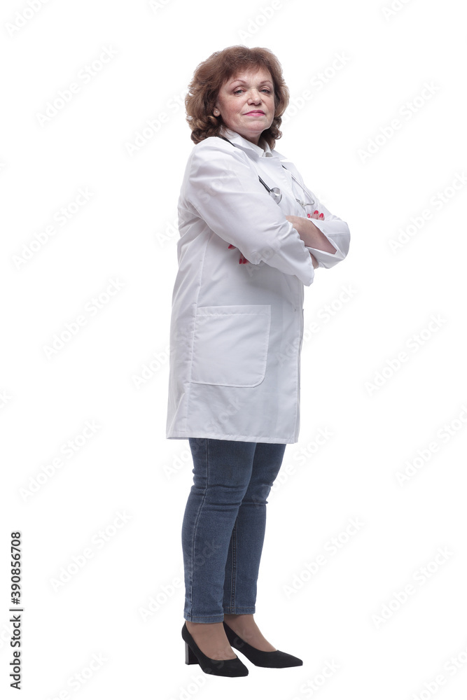 in full growth. qualified female doctor with a stethoscope in full growth. qualified female doctor with a stethoscope
