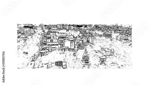 Building view with landmark of Chiang Mai is a city in mountainous northern Thailand. Hand drawn sketch illustration in vector.