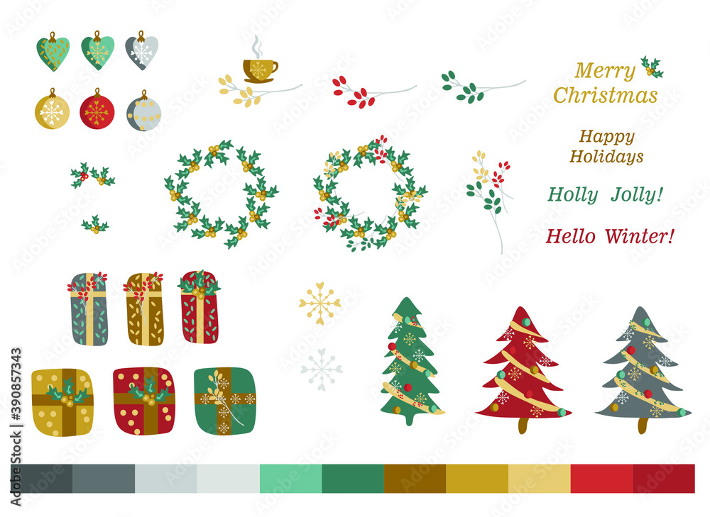 Christmas tree, gifts, toys, wreath, Christmas set of themed items Christmas tree, gifts, toys, wreath, Christmas set of themed items