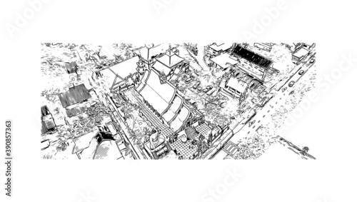 Building view with landmark of Chiang Mai is a city in mountainous northern Thailand. Hand drawn sketch illustration in vector.