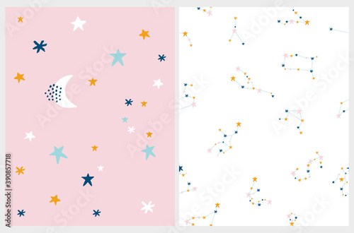 Cute Abstract Night Sky Illustration and Seamless Zodiac Vector Pattern. Funny Hand Drawn New Moon and Little Stars Isolated on a Pastel Pinnk Background. Zodiac Print ideal for Fabric, Textile.