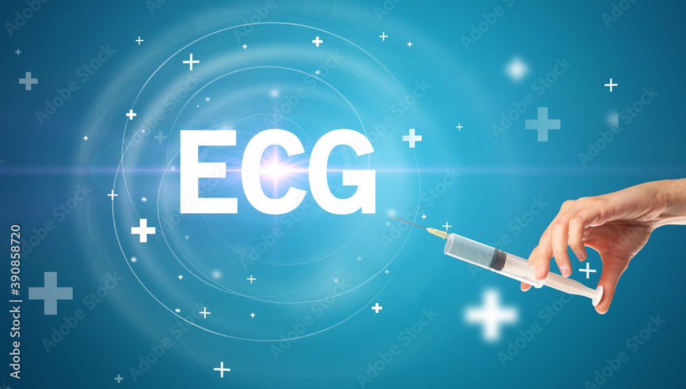 Syringe needle with virus vaccine and ECG abbreviation, antidote concept