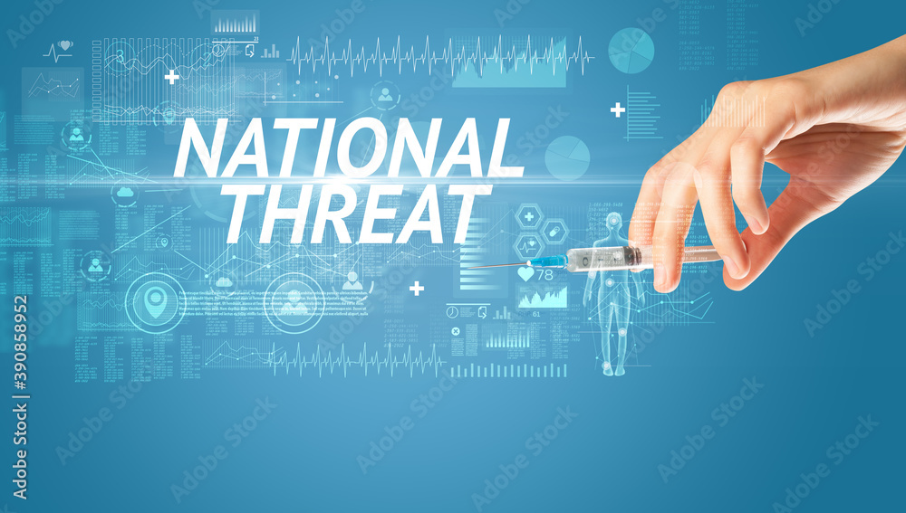 Syringe needle with virus vaccine and NATIONAL THREAT inscription, antidote concept Syringe needle with virus vaccine and NATIONAL THREAT inscription, antidote concept