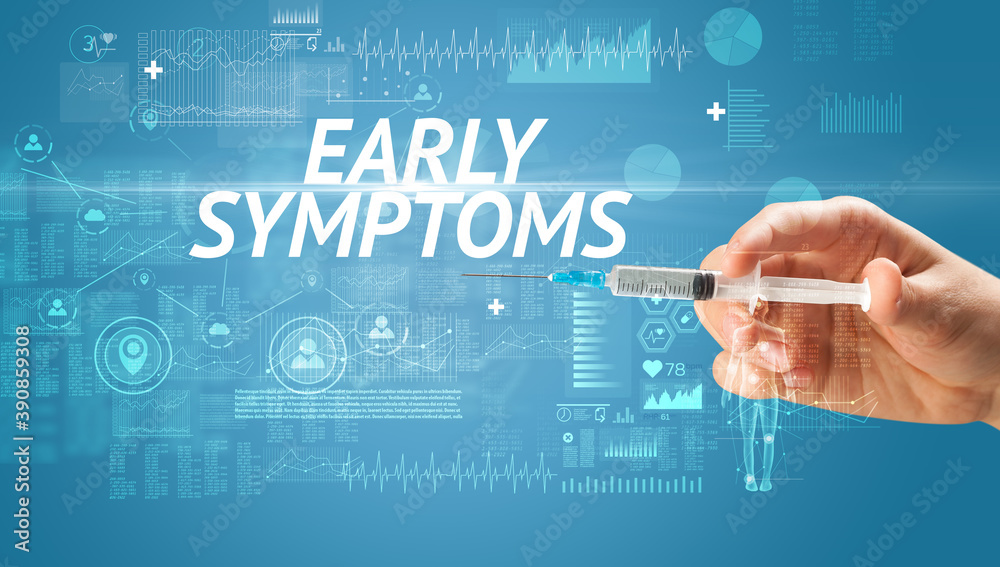 Syringe needle with virus vaccine and EARLY SYMPTOMS inscription, antidote concept Syringe needle with virus vaccine and EARLY SYMPTOMS inscription, antidote concept