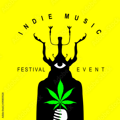 Indie music festival poster with a mysterious creature with a one eye and beetle head holding a cannabis leaf. Creative vector illustration, suitable for banner, flyer, invitation, playbill