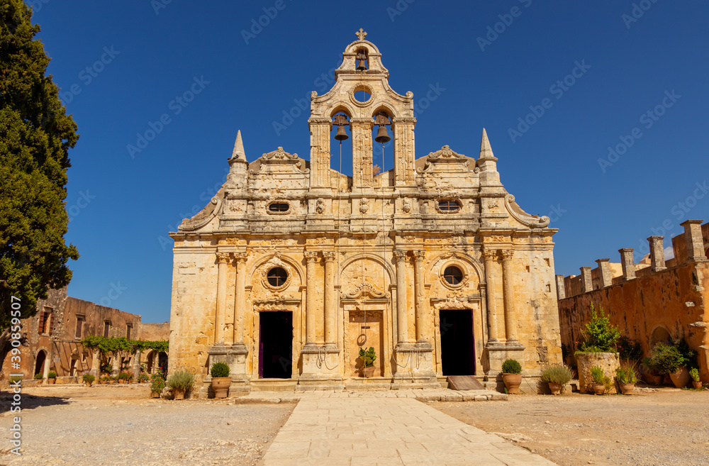 Arkadi, Greece - August 19, 2020 - The historic monastery church in the famous Arkadi Monastery