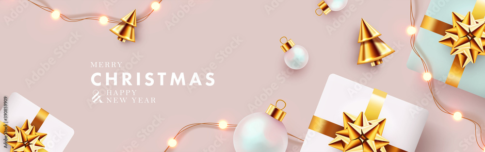 Christmas banner. Xmas background design with realistic gift boxes, golden conical Christmas trees, bauble balls, garland lights. Horizontal christmas poster, greeting card, header for website - obrazy, fototapety, plakaty 