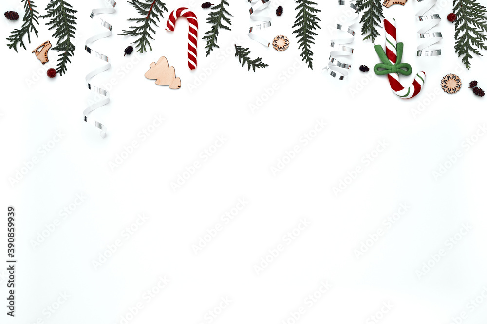 Thuja branches, spruce and New Year's decor. Copy space, flat lay, mock up, top view