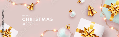 Christmas banner. Xmas background design with realistic gift boxes, golden conical Christmas trees, bauble balls, garland lights. Horizontal christmas poster, greeting card, header for website