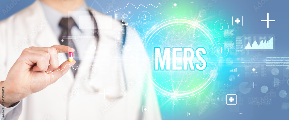 Close-up of a doctor giving you a pill with MERS abbreviation, virology concept