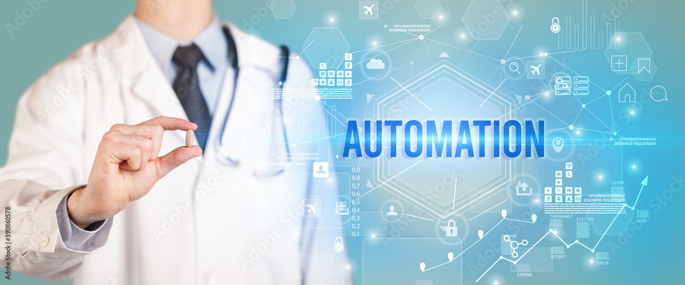 Doctor giving a pill with AUTOMATION inscription, new technology solution concept Doctor giving a pill with AUTOMATION inscription, new technology solution concept