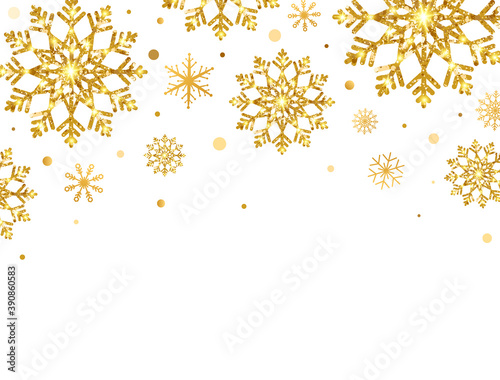 Celebration banner with glitter snowflakes. Merry Christmas and Happy New Year background. Luxury festive greeting card. Sparkling golden snowflakes. New Year frame. Vector Illustration