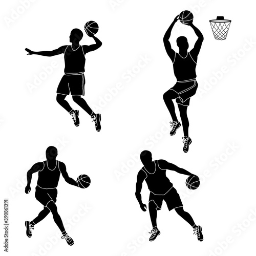 Set of basketball players throwing ball isolated on white background vector illustration