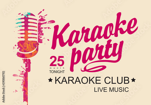 Music poster for karaoke club with a calligraphic inscription Karaoke party and abstract microphone on a light background. Vector banner, flyer, invitation or ticket in retro style