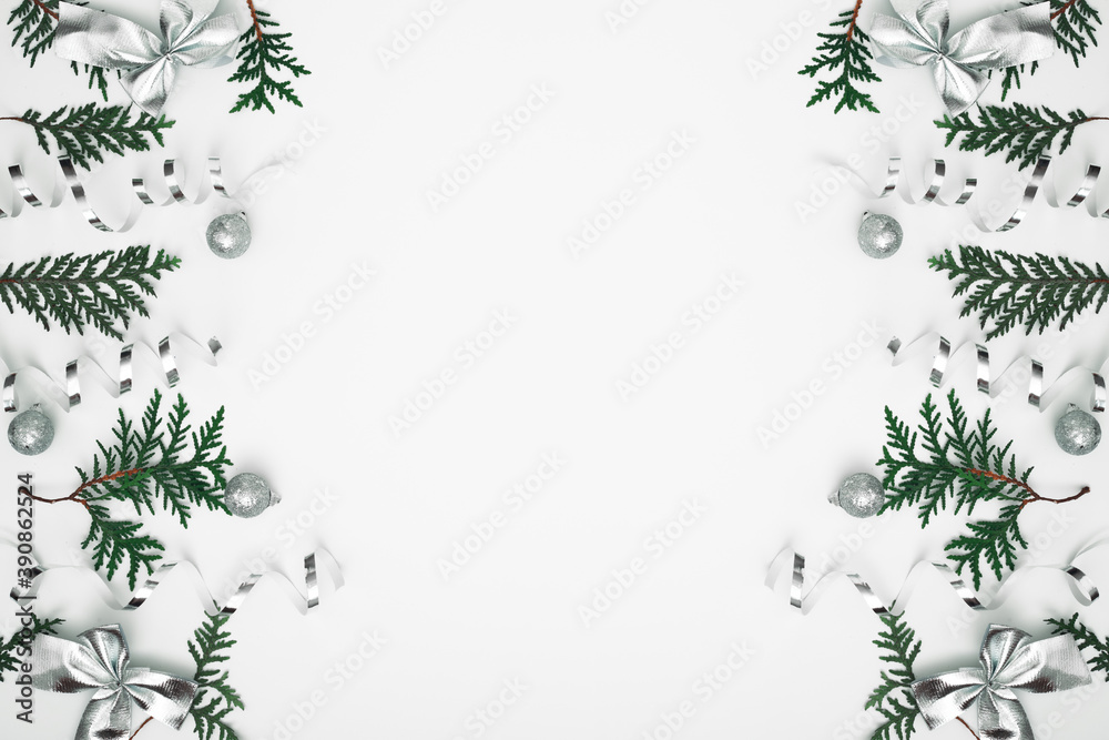 Thuja branches, spruce and New Year's decor. Copy space, flat lay, mock up, top view. Thuja branches, spruce and New Year's decor. Copy space, flat lay, mock up, top view.