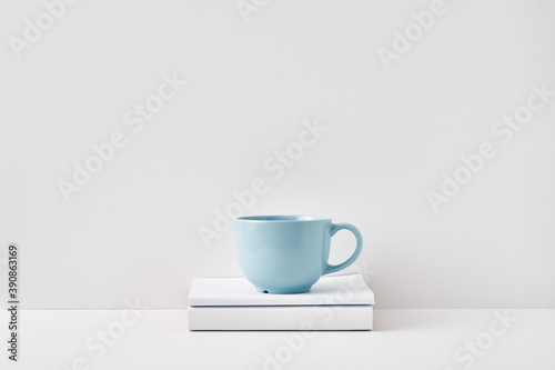 Wallpaper Mural The mug stands on a stack of books on a white background. Natural and eco-friendly materials. Copy space, mock up Torontodigital.ca